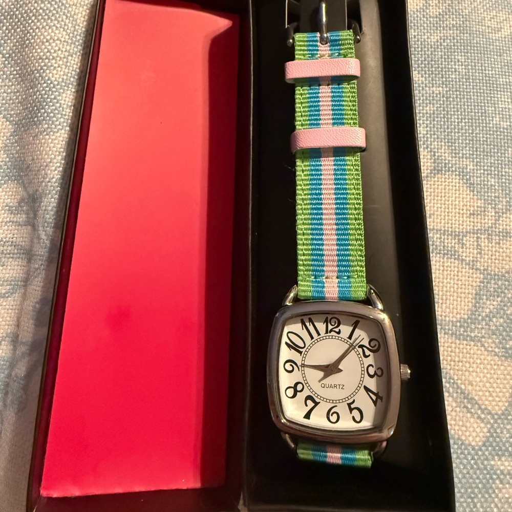 Avon Women's Watch with Green, Blue & Pink Stripe Nylon Band